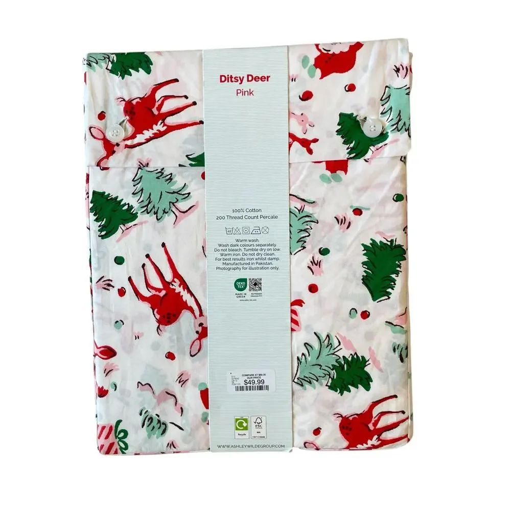 Cath Kidston London 4pc QUEEN Sheet Set Christmas Ditsy Deer Pink Cotton NEW